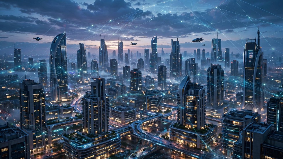AI-revolutionen 2026: futuristisk illustration av artificiell intelligens i ett modernt samhälle
