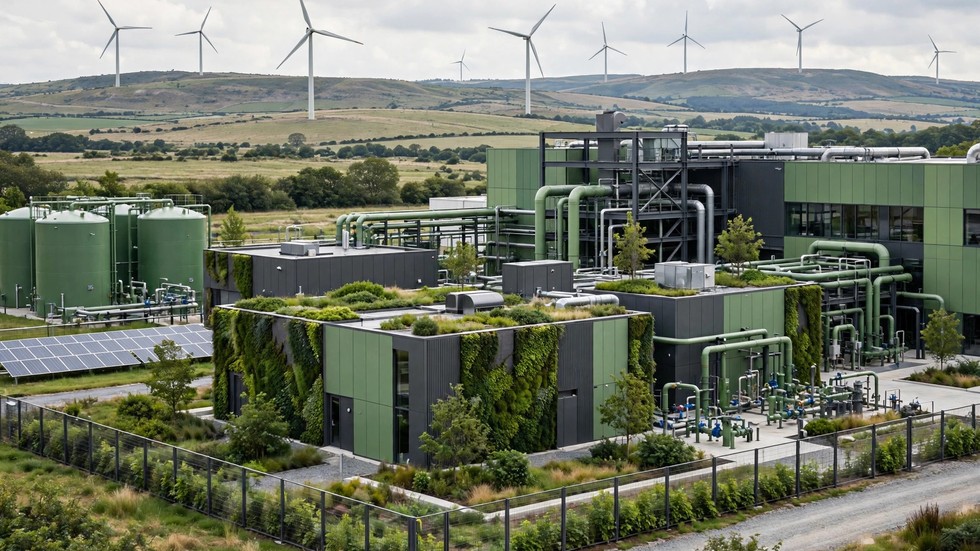 Grön omställning 2026: modern grön industrianläggning med vindkraftverk i bakgrunden