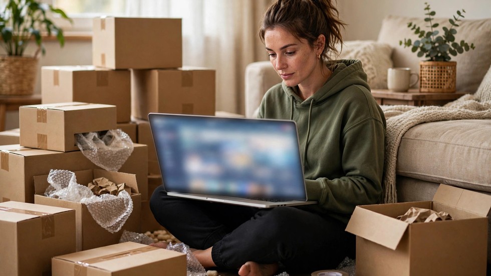 E-handel 2026: person som handlar online med laptop omgiven av paket hemma
