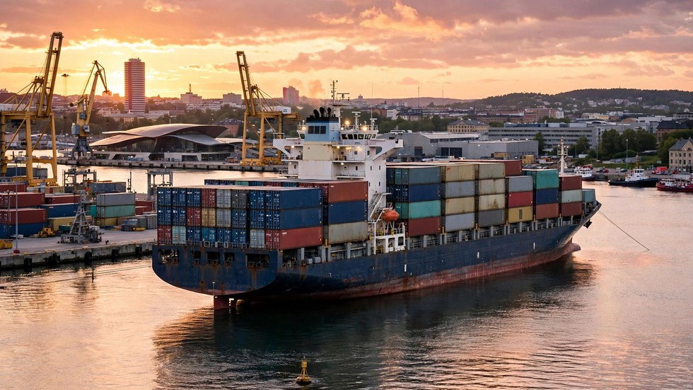 Svensk export 2026: containerfartyg i Göteborgs hamn vid solnedgång