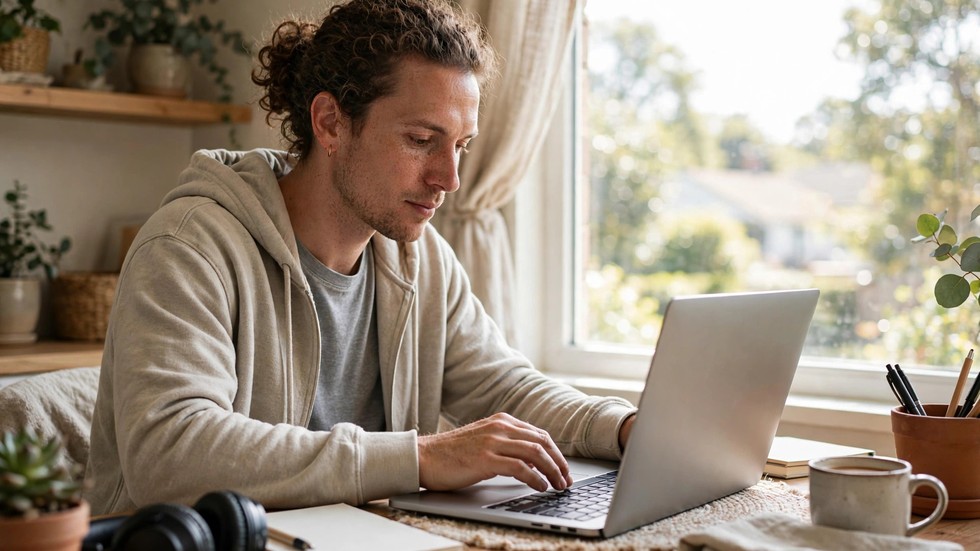 Hybridarbete 2026: person som arbetar hemifrån med laptop vid ett fönster