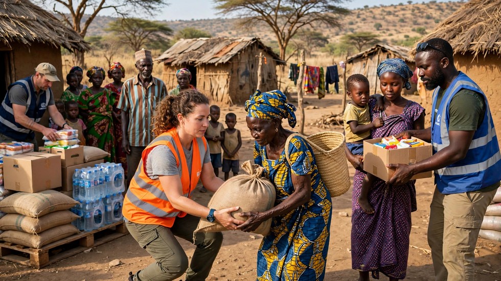 Humanitära insatser 2026: biståndsarbetare delar ut förnödenheter i ett afrikanskt samhälle